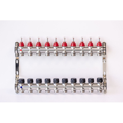 Varmego ® Manifold & Manifold INOX 304 BAMBOO-Power supply connection 1"-Distribution connection 3/4" [Flow meter 0-5L/min+Thermostatic valve] With bracket/10 heating circuits