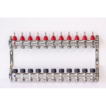 Varmego ® Manifold & Manifold INOX 304 BAMBOO-Power supply connection 1"-Distribution connection 3/4" [Flow meter 0-5L/min+Thermostatic valve] With bracket/11 heating circuits