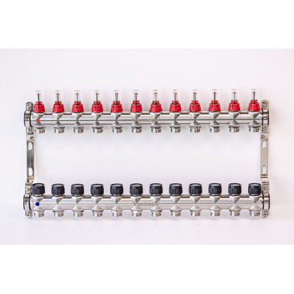 Varmego ® Manifold & Manifold INOX 304 BAMBOO-Power supply connection 1"-Distribution connection 3/4" [Flow meter 0-5L/min+Thermostatic valve] With bracket/12 heating circuits