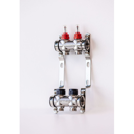 Varmego ® Manifold & Manifold INOX 304 BAMBOO-Power supply connection 1"-Distribution connection 3/4" [Flow meter 0-5L/min+Thermostatic valve] With bracket/2 heating circuits