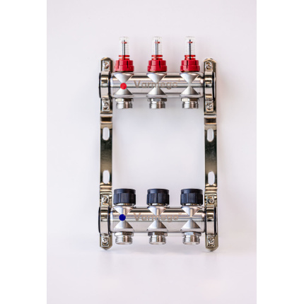 Varmego ® Manifold & Manifold INOX 304 BAMBOO-Power supply connection 1"-Distribution connection 3/4" [Flow meter 0-5L/min+Thermostatic valve] With bracket/3 heating circuits