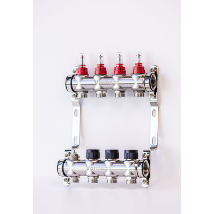 Varmego ® Manifold & Manifold INOX 304 BAMBOO-Power supply connection 1"-Distribution connection 3/4" [Flow meter 0-5L/min+Thermostatic valve] With bracket/4 heating circuits