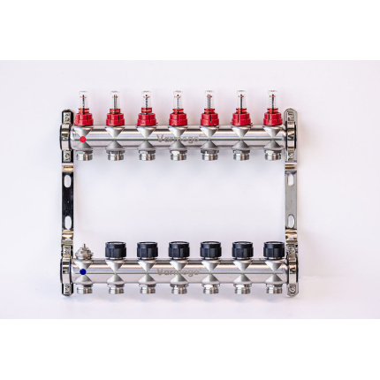 Varmego ® Manifold & Manifold INOX 304 BAMBOO-Power supply connection 1"-Distribution connection 3/4" [Flow meter 0-5L/min+Thermostatic valve] With bracket/7 heating circuits