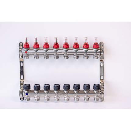 Varmego ® Manifold & Manifold INOX 304 BAMBOO-Power supply connection 1"-Distribution connection 3/4" [Flow meter 0-5L/min+Thermostatic valve] With bracket/8 heating circuits