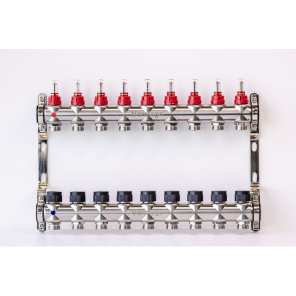Varmego ® Manifold & Manifold INOX 304 BAMBOO-Power supply connection 1"-Distribution connection 3/4" [Flow meter 0-5L/min+Thermostatic valve] With bracket/9 heating circuits