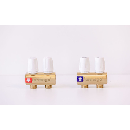 Varmego ® Manifold & Manifold BRASS-Power supply connection 1"-Distribution connection 3/4" [Stop valve+Stop valve] With bracket-2 heating circuits