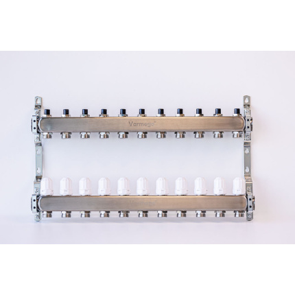Varmego ® Manifold & Manifold INOX 304 FLAT-Power supply connection 1"-Distribution connection 3/4" [Stop valve+Thermostatic valve] With bracket-11 heating circuits