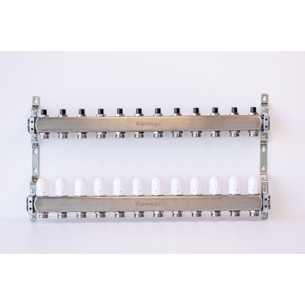 Varmego ® Manifold & Manifold INOX 304 FLAT-Power supply connection 1"-Distribution connection 3/4" [Stop valve+Thermostatic valve] With bracket-12 heating circuits