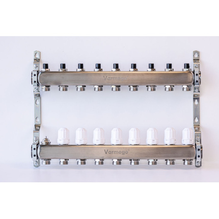 Varmego ® Manifold & Manifold INOX 304 FLAT-Power supply connection 1"-Distribution connection 3/4" [Stop valve+Thermostatic valve] With bracket-9 heating circuits